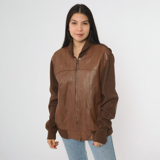 80s Torras Brown Leather Bomber Jacket Wool Knit Sleeves Elbow Patch Large