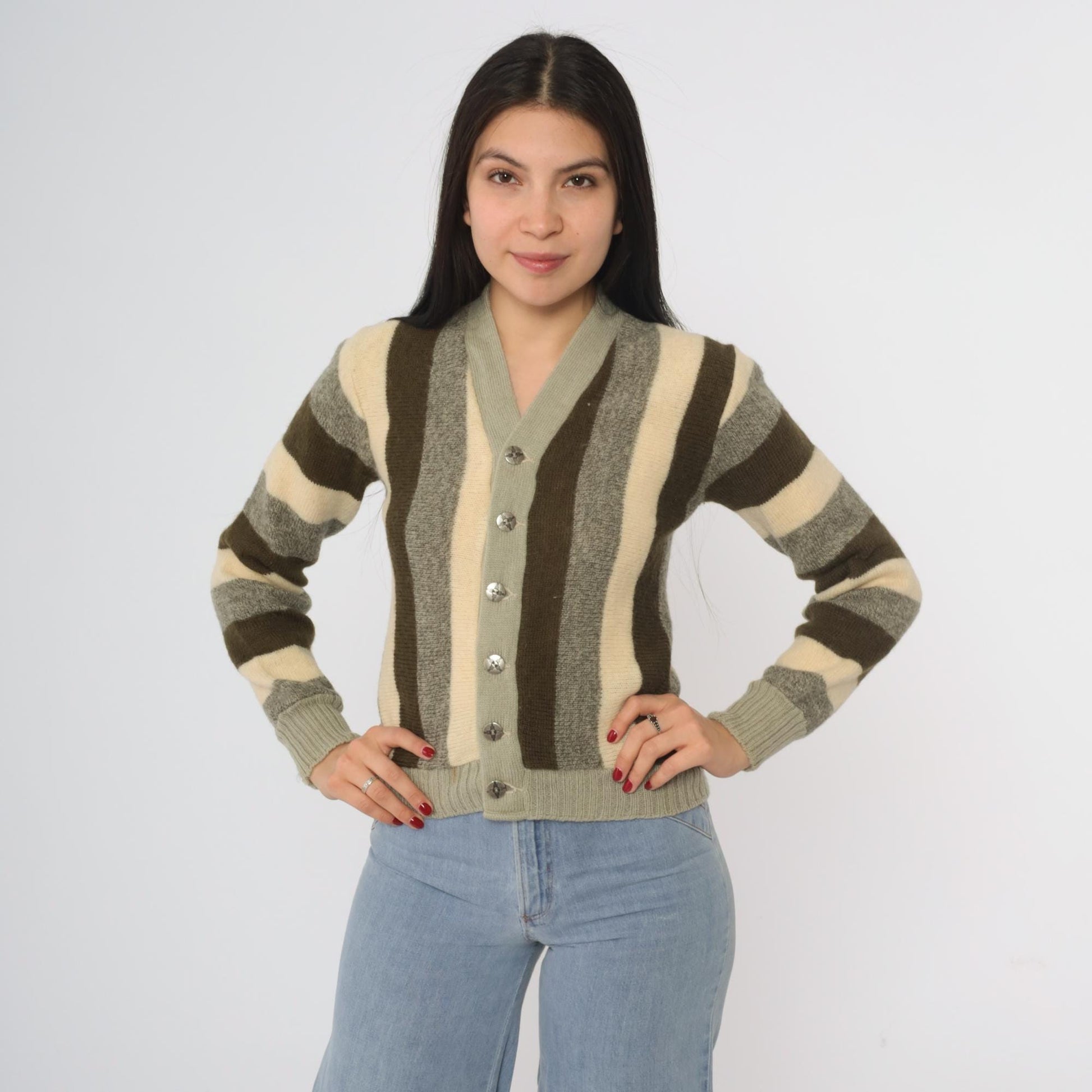 70s Striped Wool Cardigan Olive Green Brown Cream Button Front Extra Small XS
