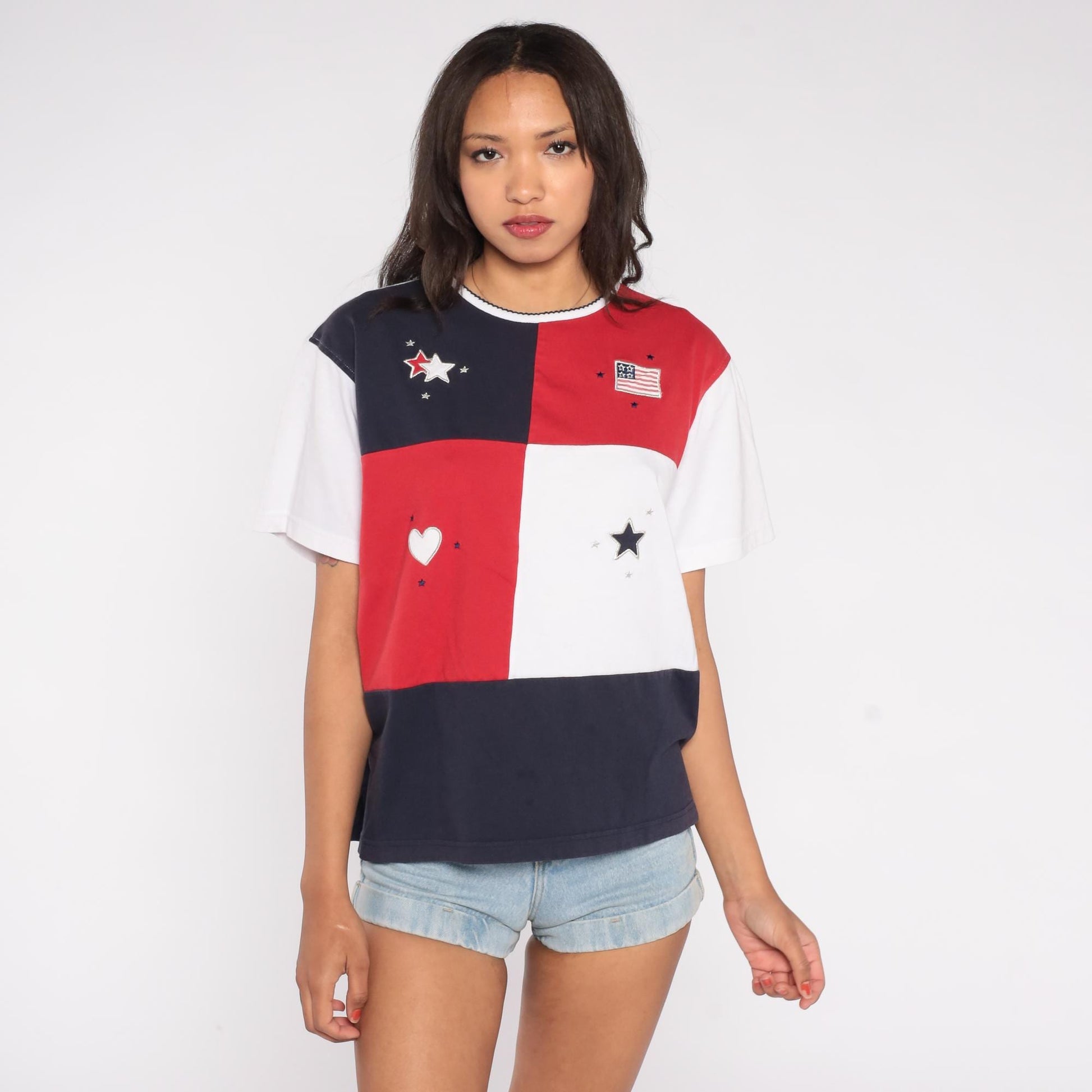 90s Studio Works American Flag Colorblock T-Shirt Red White Navy Large L
