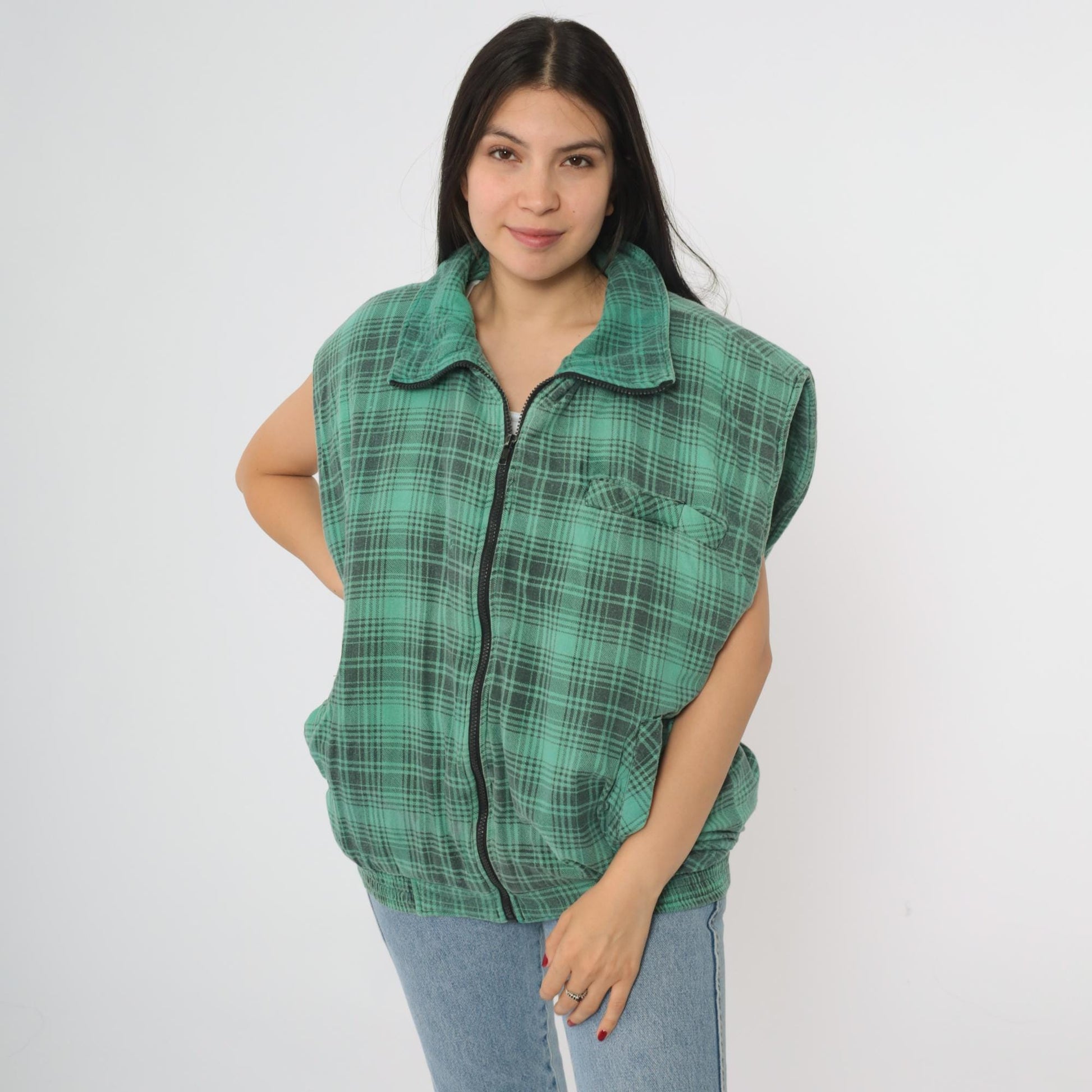90s Northwest Territory Green Plaid Vest Tartan Zip Sleeveless Large