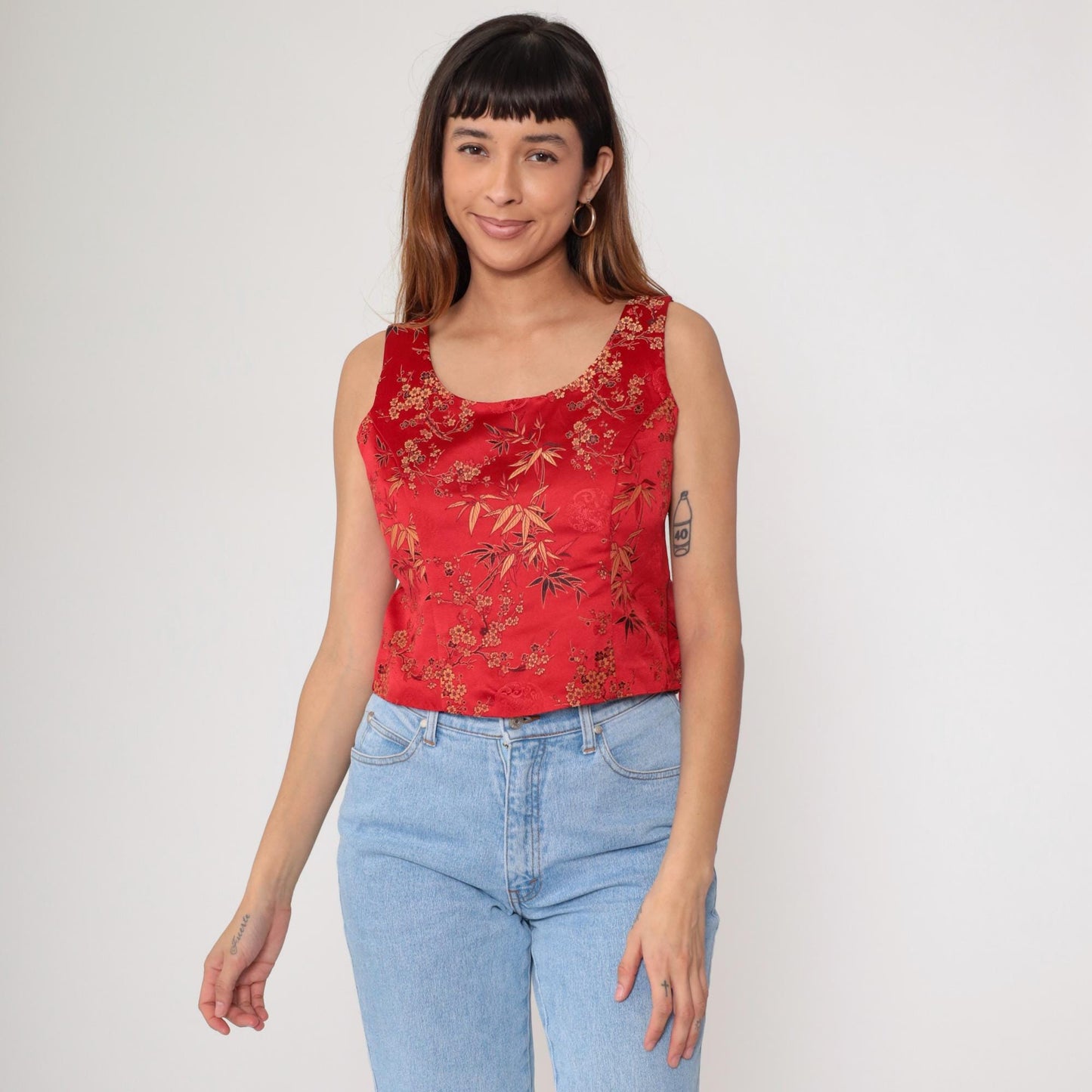 00s Red Satin Crop Top Cherry Blossom Bamboo Print Scoop Neck Small