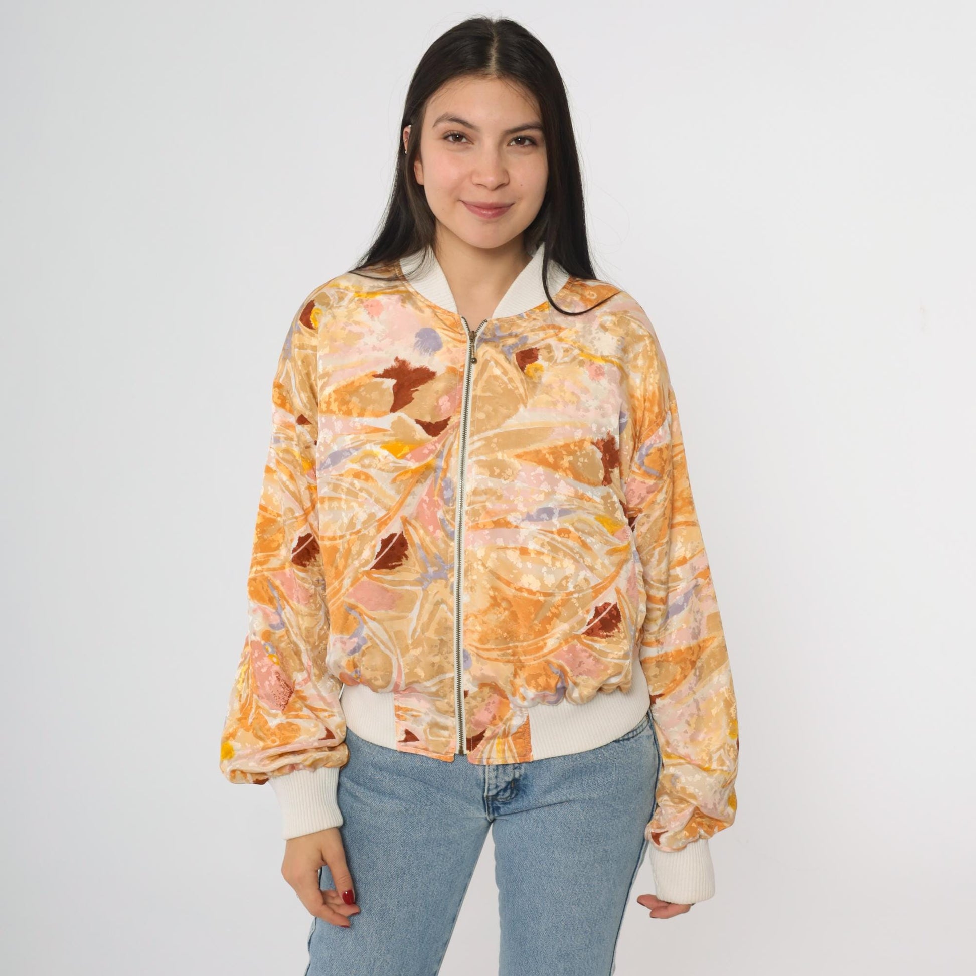 90s Hanasport Watercolor Bomber Jacket Abstract Print Peach Medium M