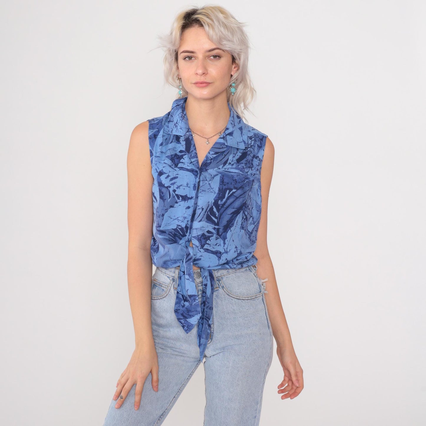 Y2K Blue Silk Crop Top Tropical Leaf Print Tie Front Collared Blouse Medium M