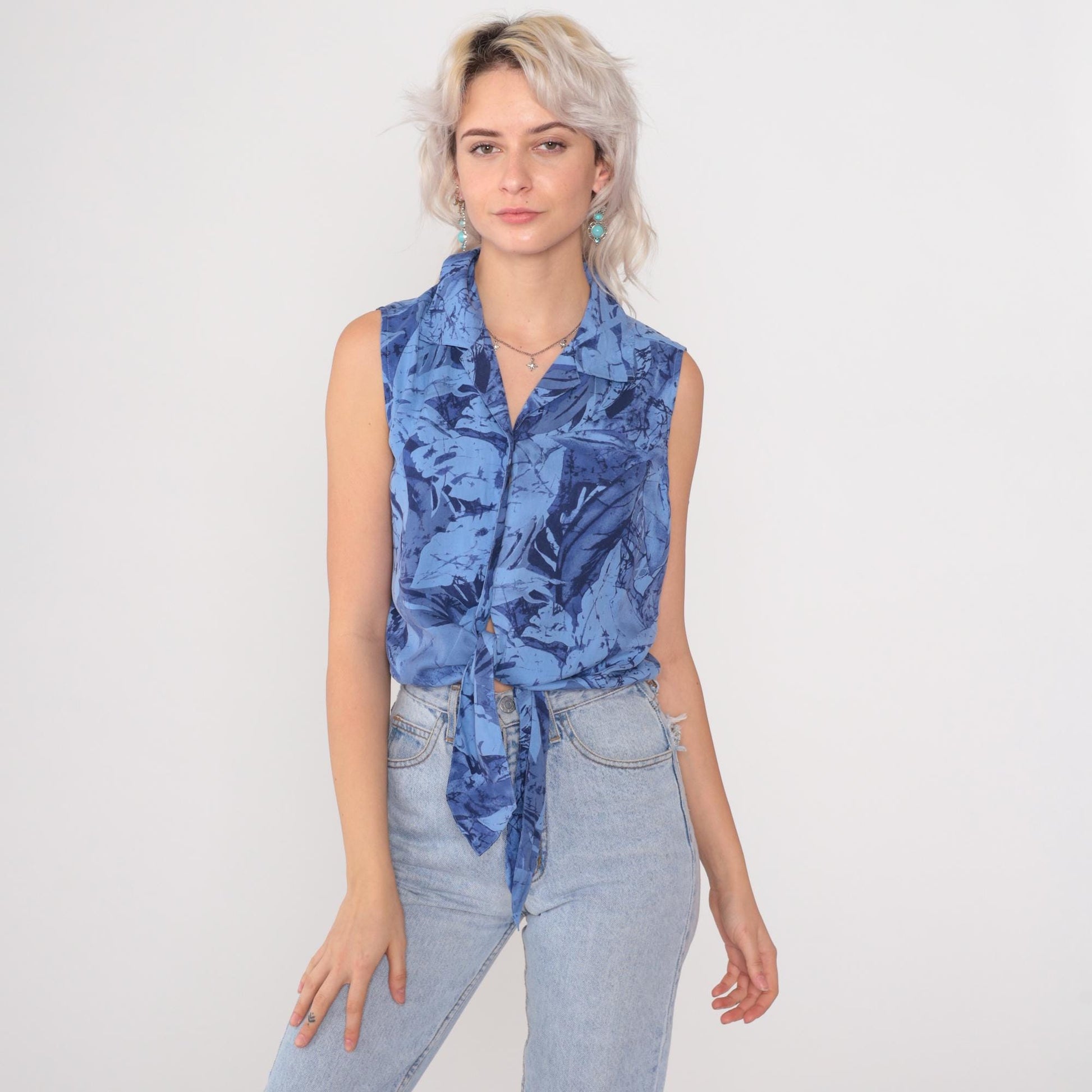 Y2K Blue Silk Crop Top Tropical Leaf Print Tie Front Collared Blouse Medium M