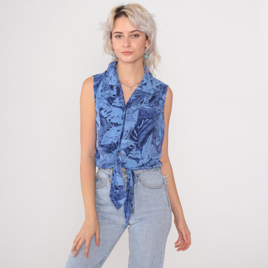 Y2K Blue Silk Crop Top Tropical Leaf Print Tie Front Collared Blouse Medium M