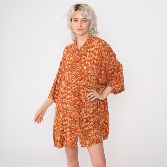 90s Noa Noa Hawaiian Shirt Dress Orange Rayon Tapa Print Midi XL