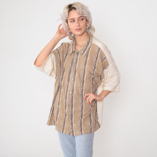 90s Raw Rags Striped Colorblock Button Up Shirt Tan Cream Brown Large L