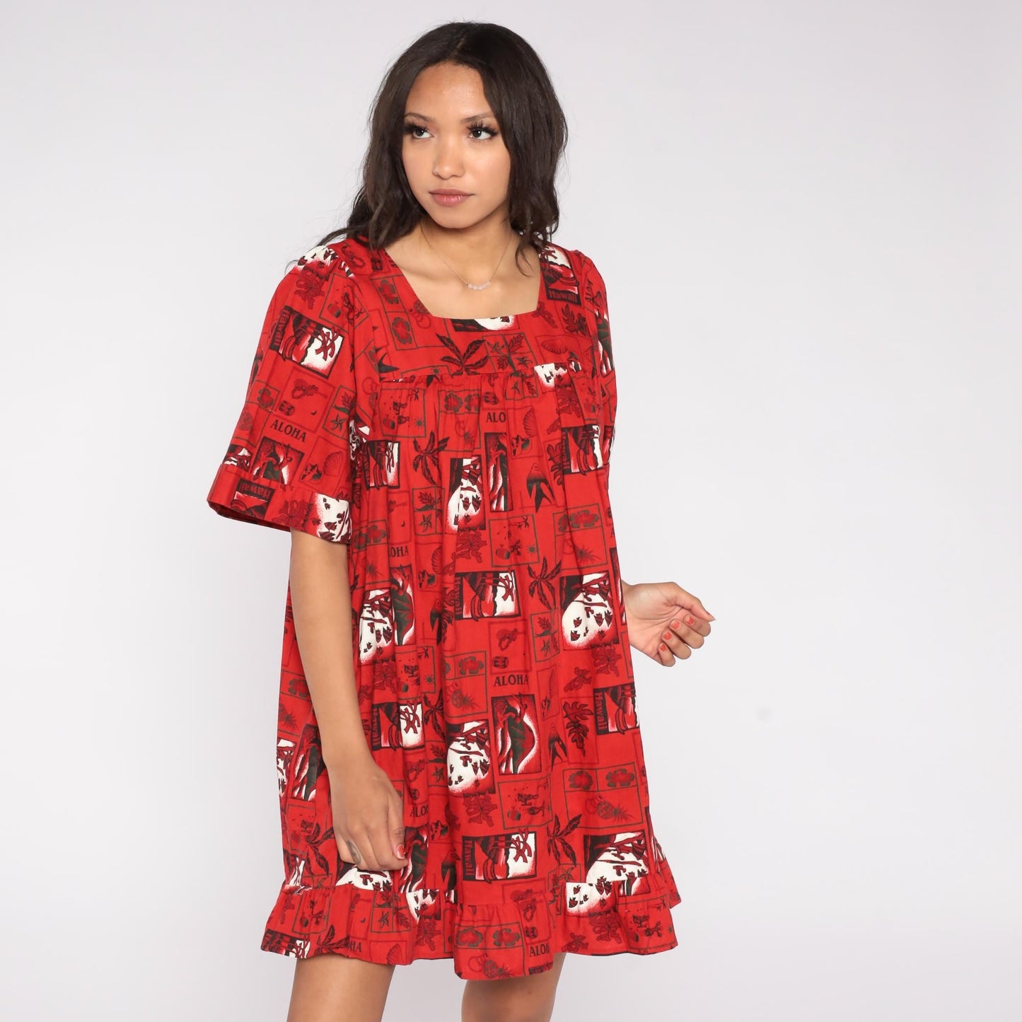80s Hawaiian Cotton Mini Dress Pineapple Aloha Block Print Red Extra Large