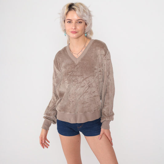 80s Taupe Terry Cloth V-Neck Sweatshirt Slouchy Drop Shoulder Medium