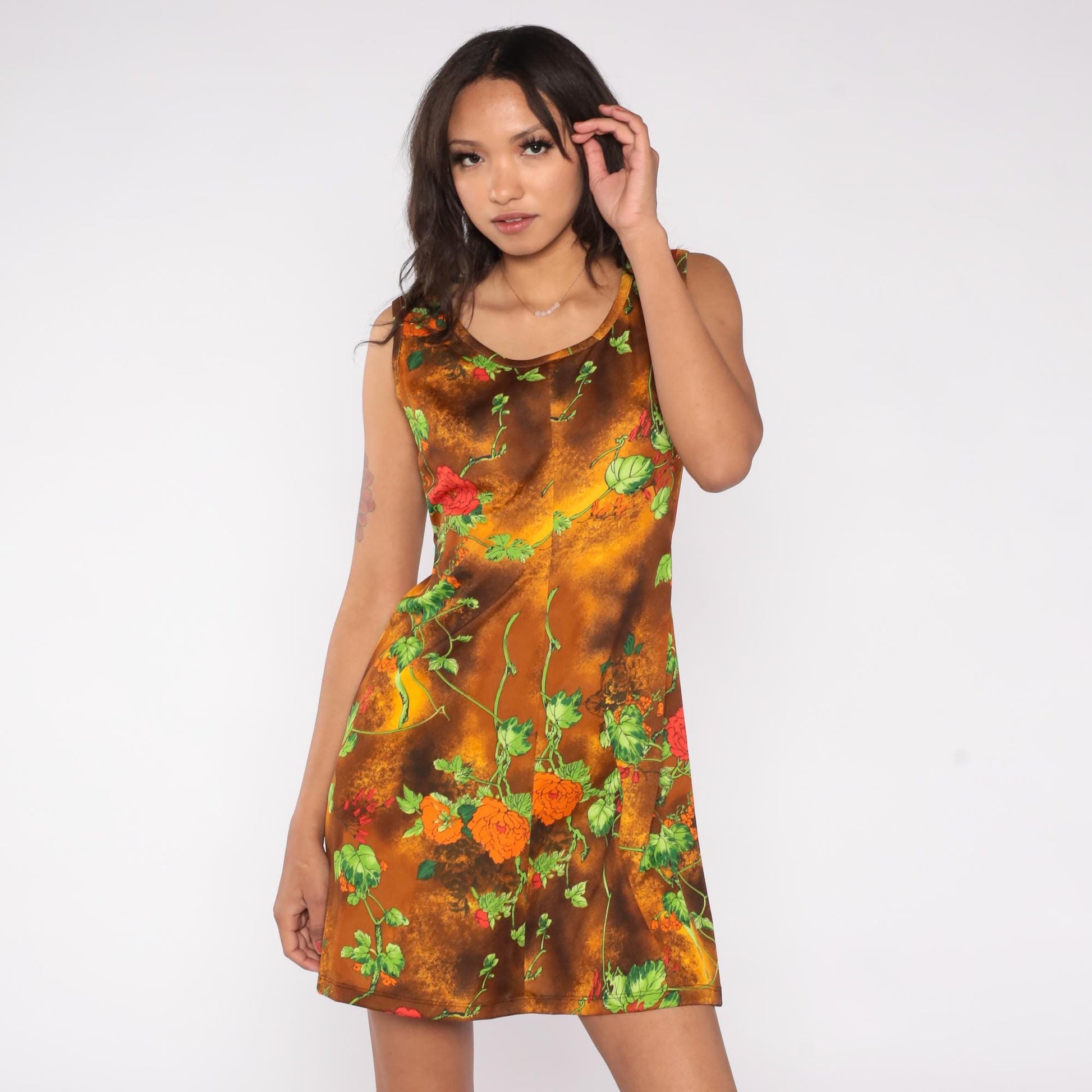 70s Floral Mini Dress Burnt Orange Rose Print Shift Sleeveless Medium