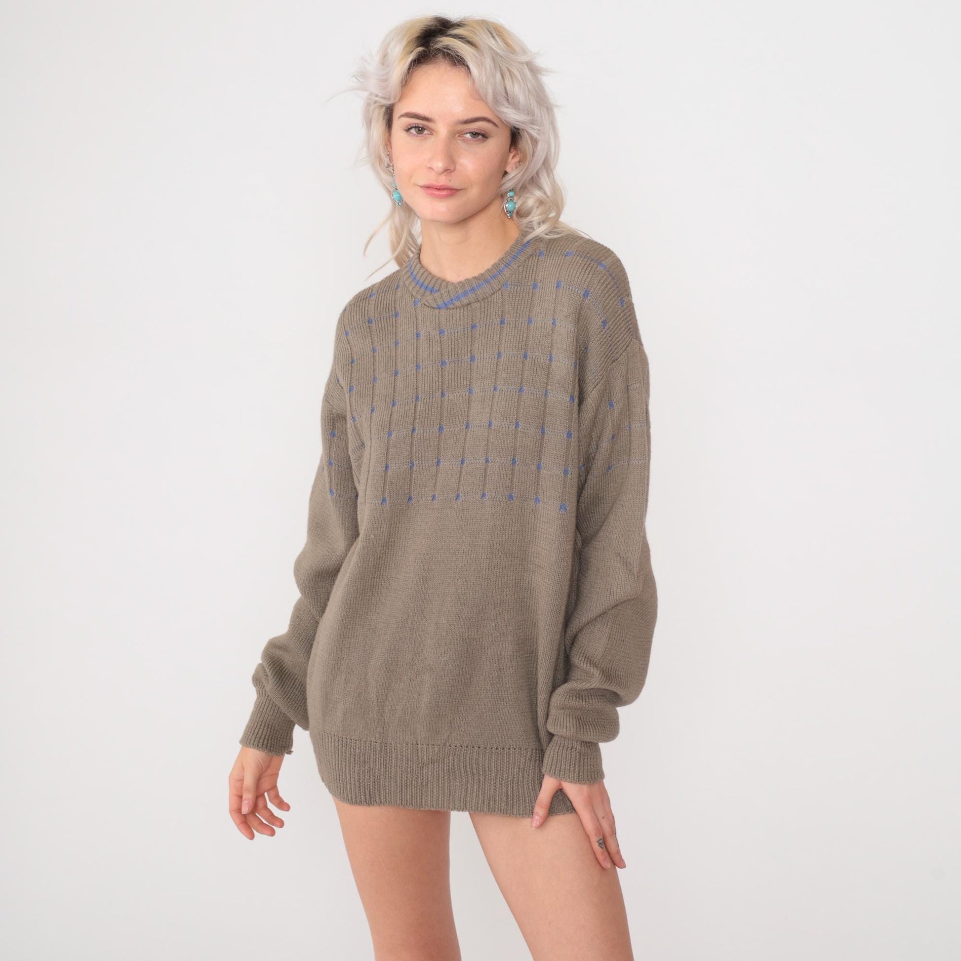 80s Gianfranco Ruffini Wool Sweater Taupe Grid Crewneck Drop Shoulder Large L