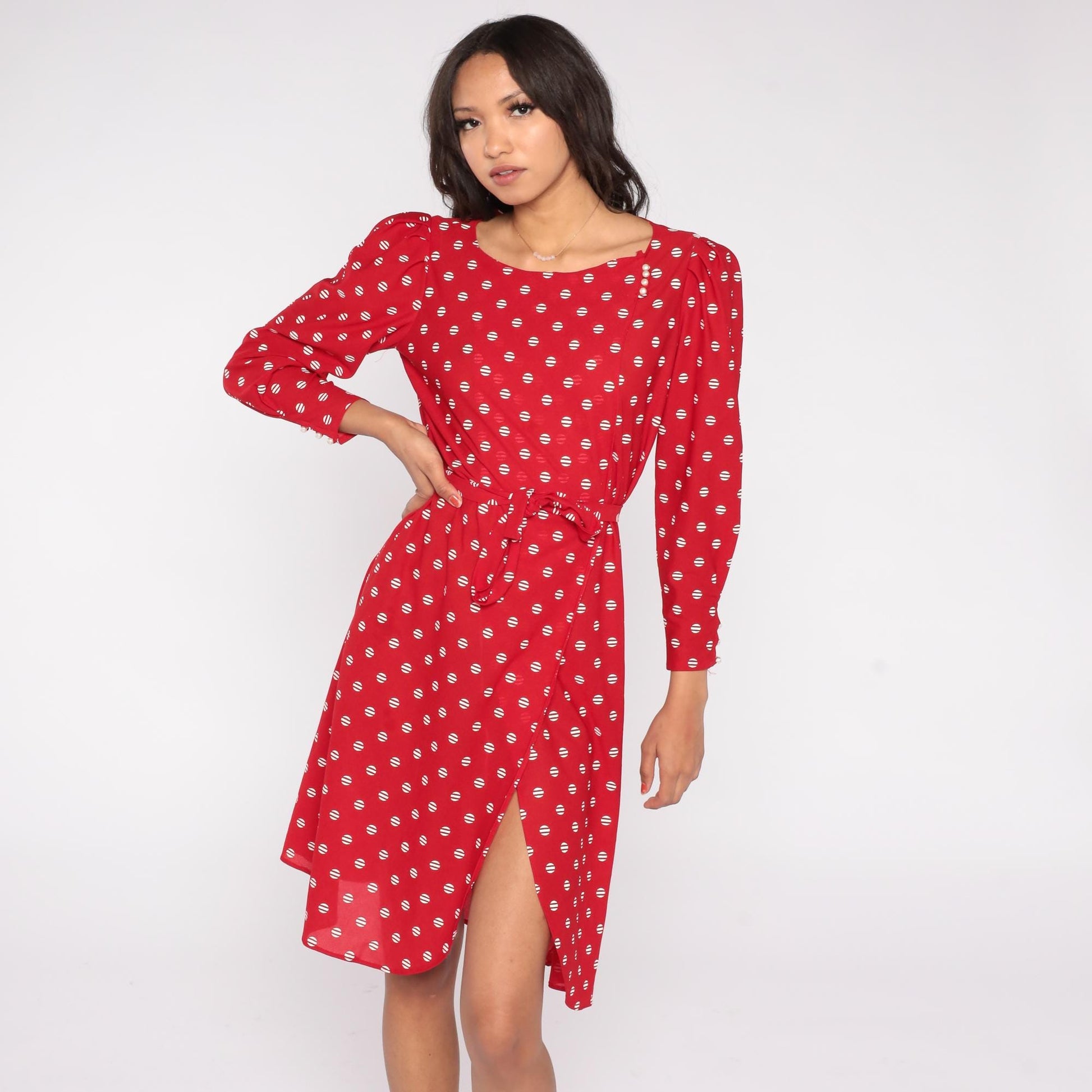 80s Jane Baar New York Red Polka Dot Wrap Dress Long Sleeve Small