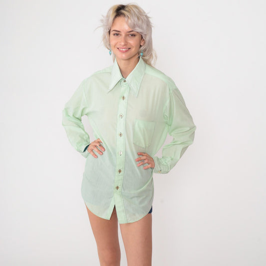 70s Van Heusen Mint Green Button Down Shirt Pointed Collar Polyester Medium