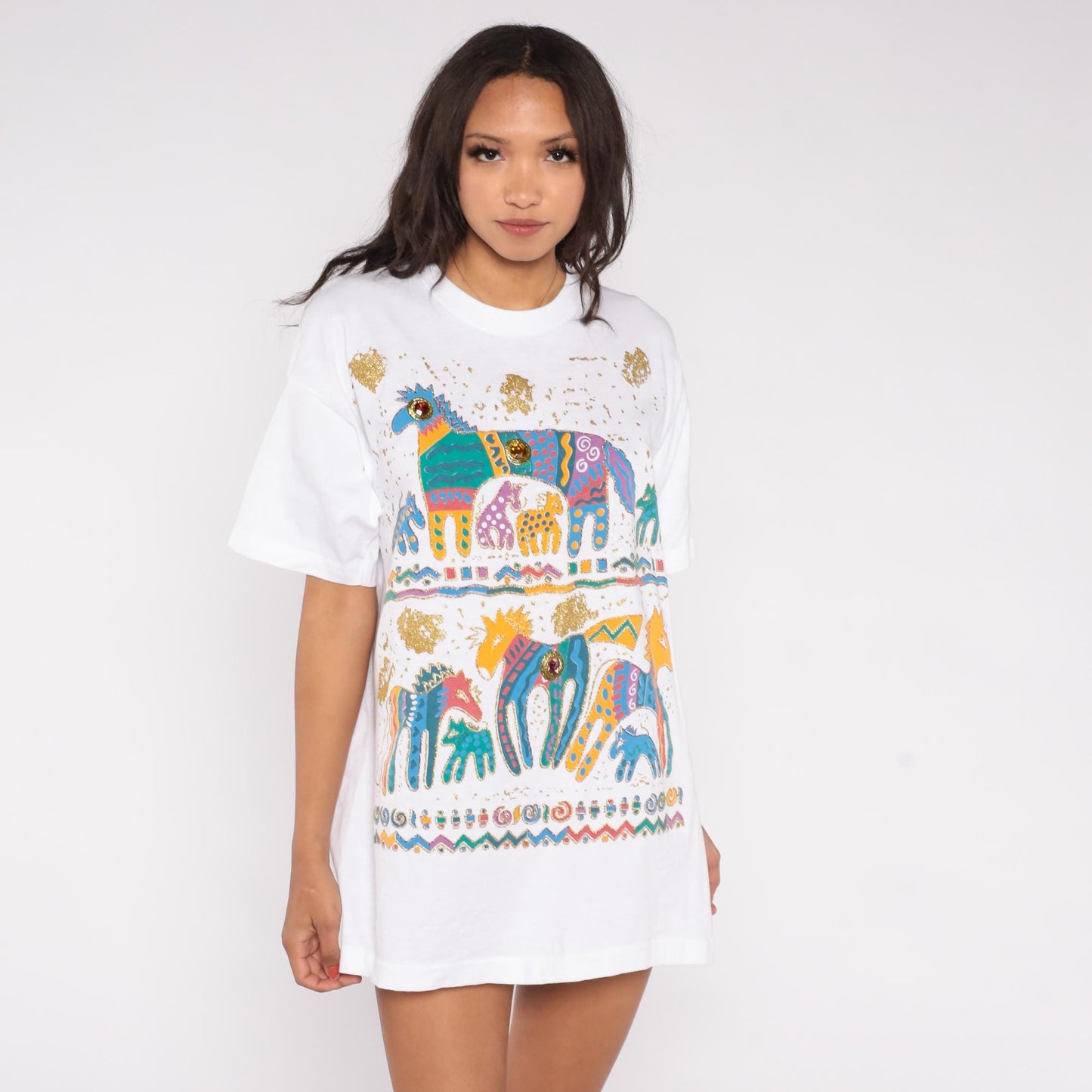 90s Fruit of the Loom Southwestern Horse Graphic T-Shirt Gold Glitter Jeweled Extra Large XL