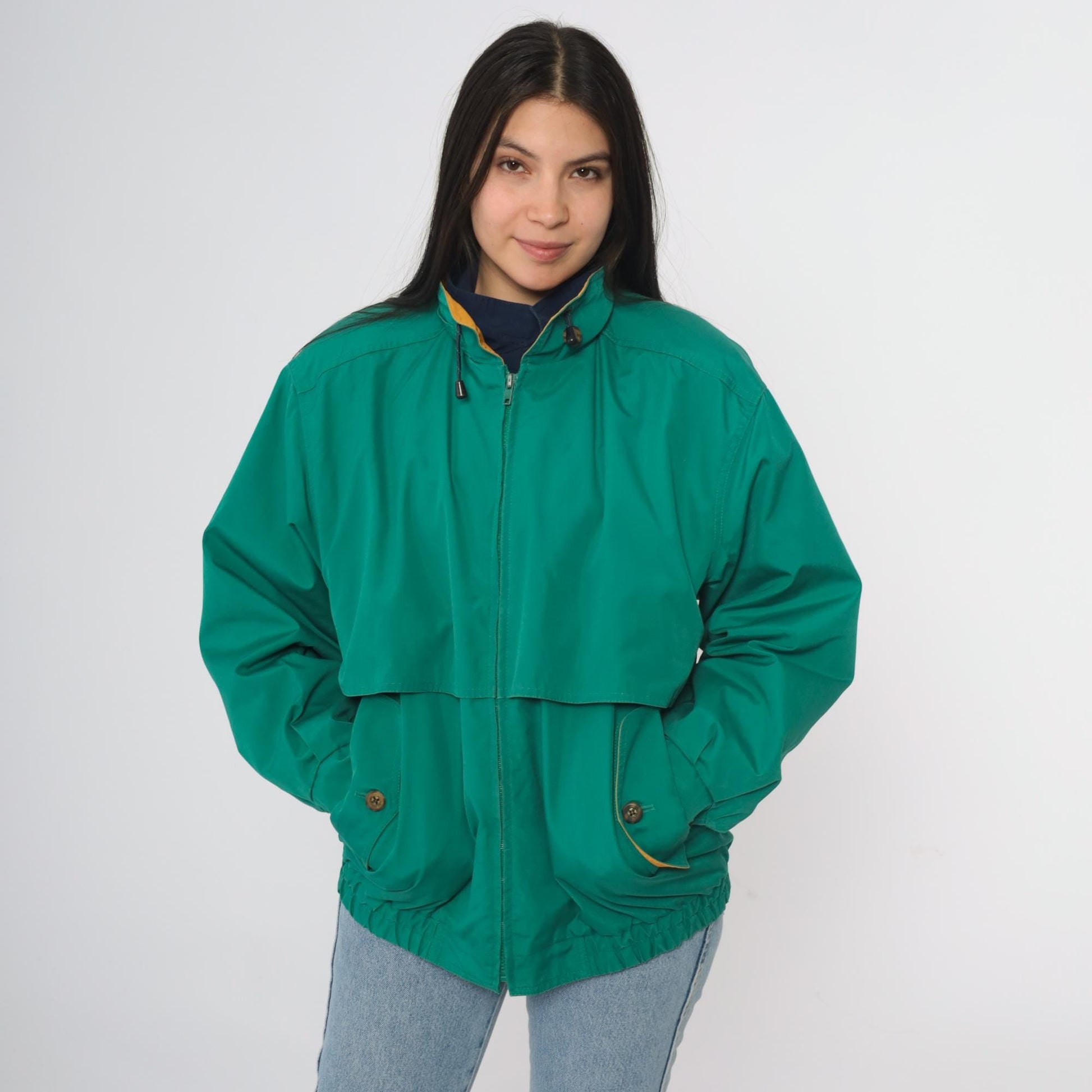 90s London Fog Green Nylon Windbreaker Jacket Stand Collar Medium M