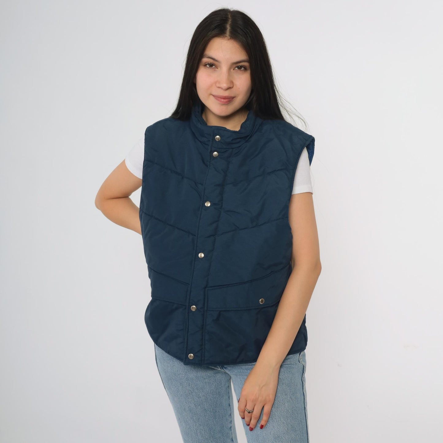 80s CB Navy Puffer Vest Quilted Nylon Snap Front Insulated Large