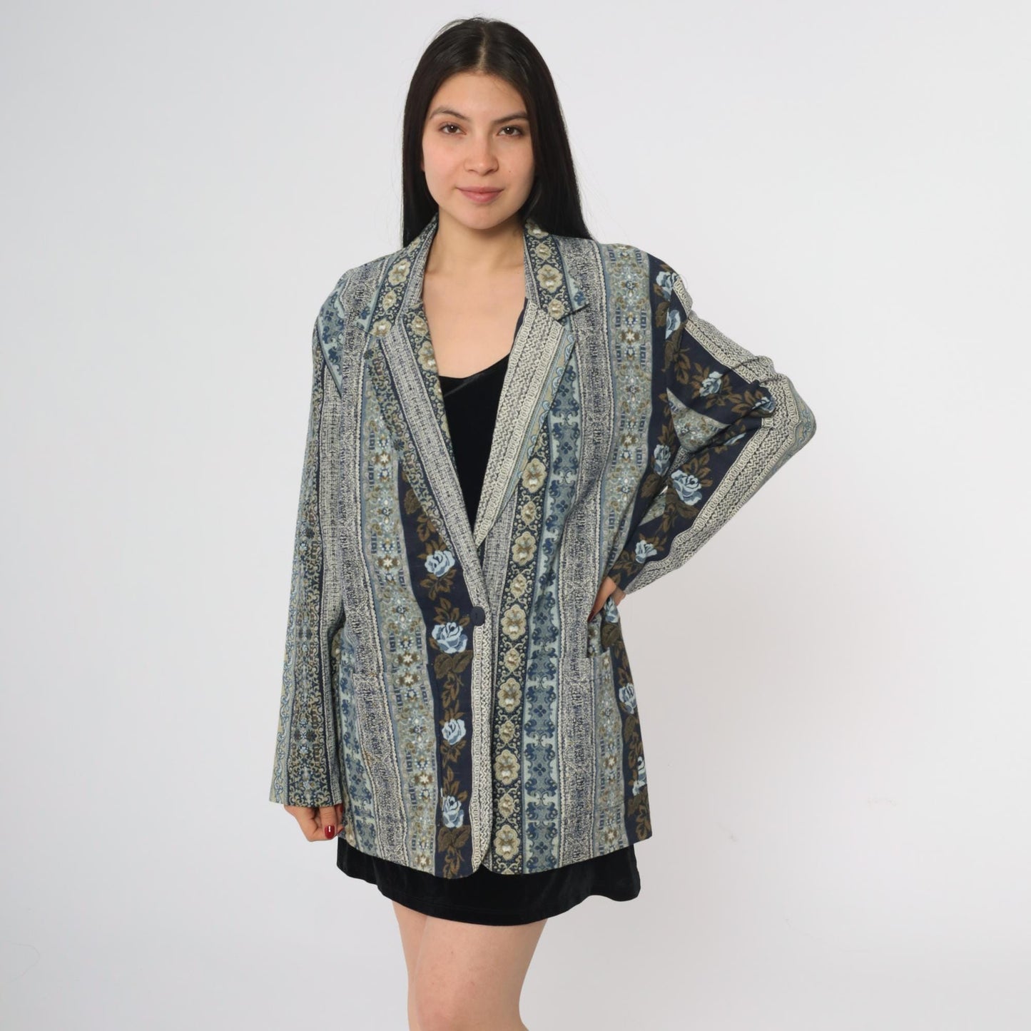 90s Judy Knapp Floral Tapestry Blazer Blue Cotton Linen Blend Single Button Large L