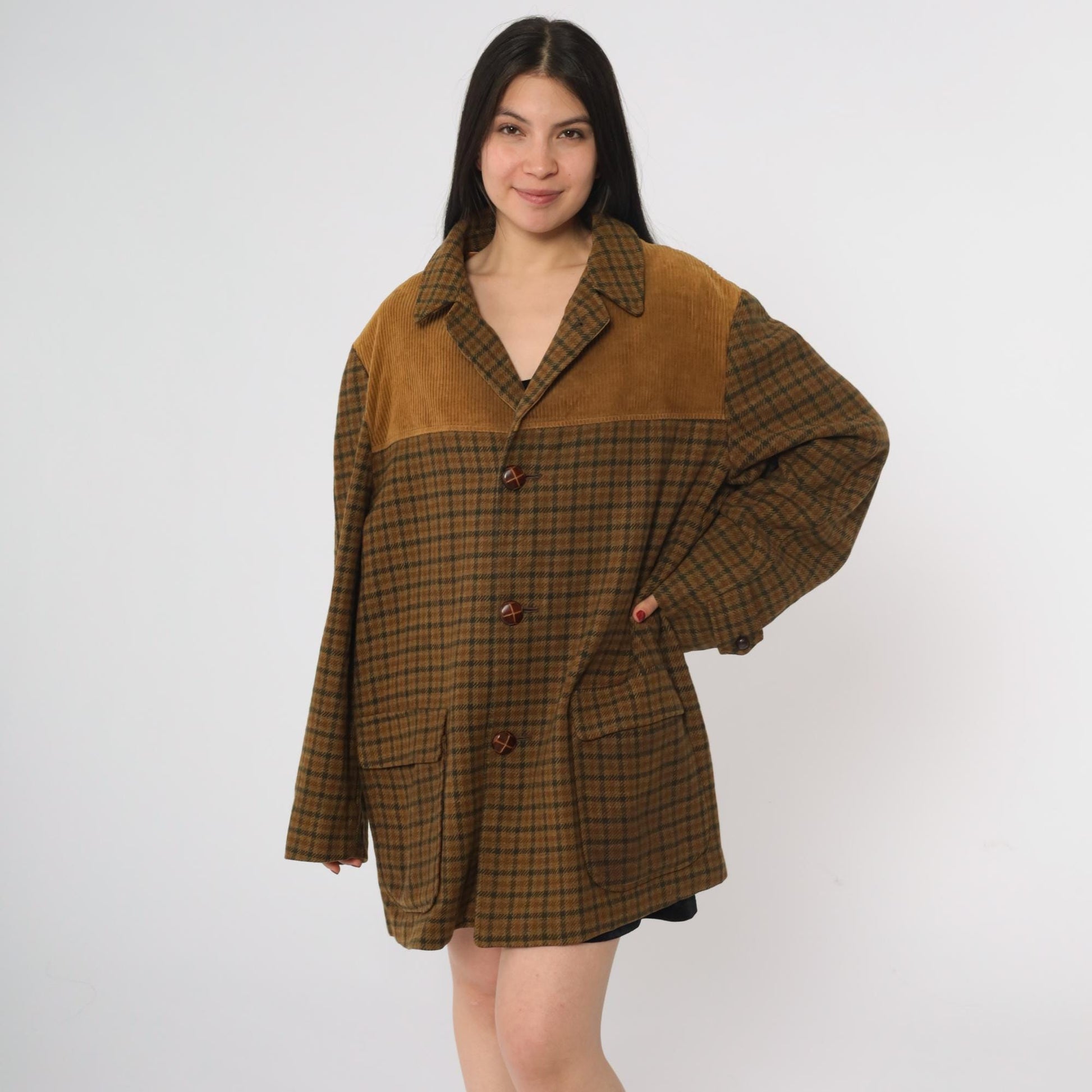 70s Brown Plaid Wool Blazer Corduroy Yoke Jacket Button Front XL
