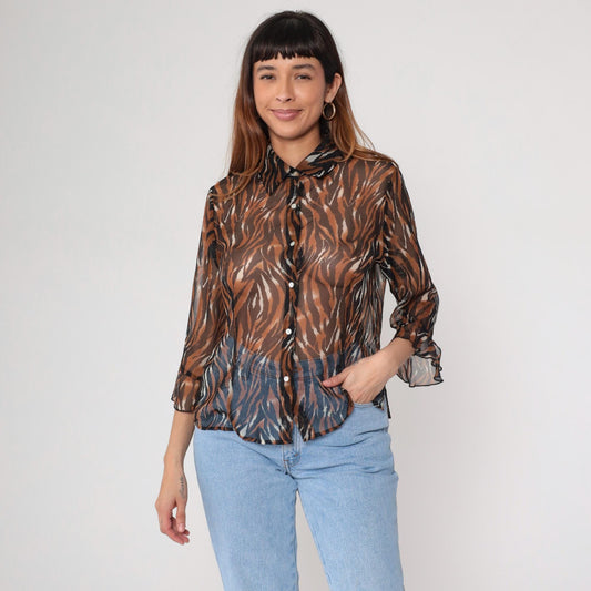 Y2K Tiger Stripe Button-Up Blouse Brown Animal Print Sheer Medium M