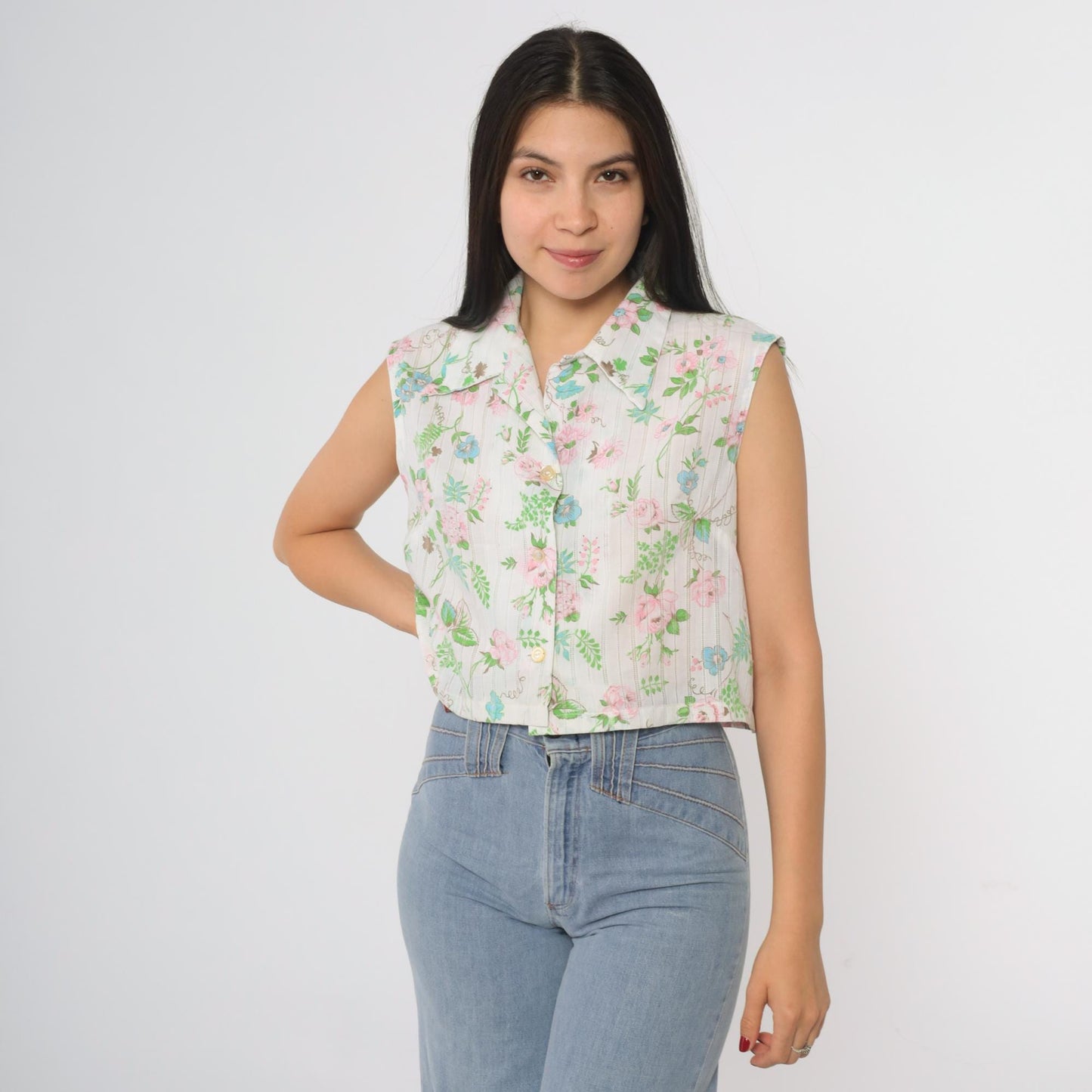 70s Lori Lynn Floral Crop Blouse White Collared Button-Up Medium