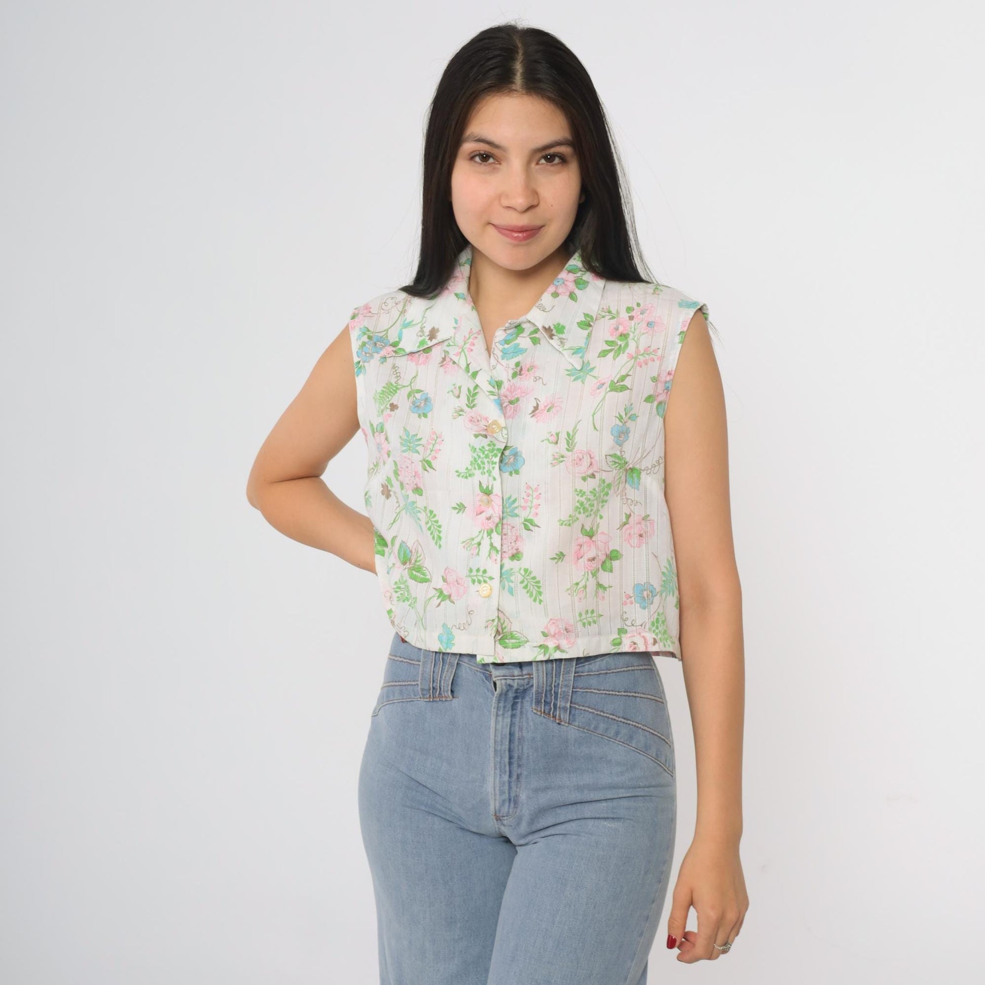 70s Lori Lynn Floral Crop Blouse White Collared Button-Up Medium