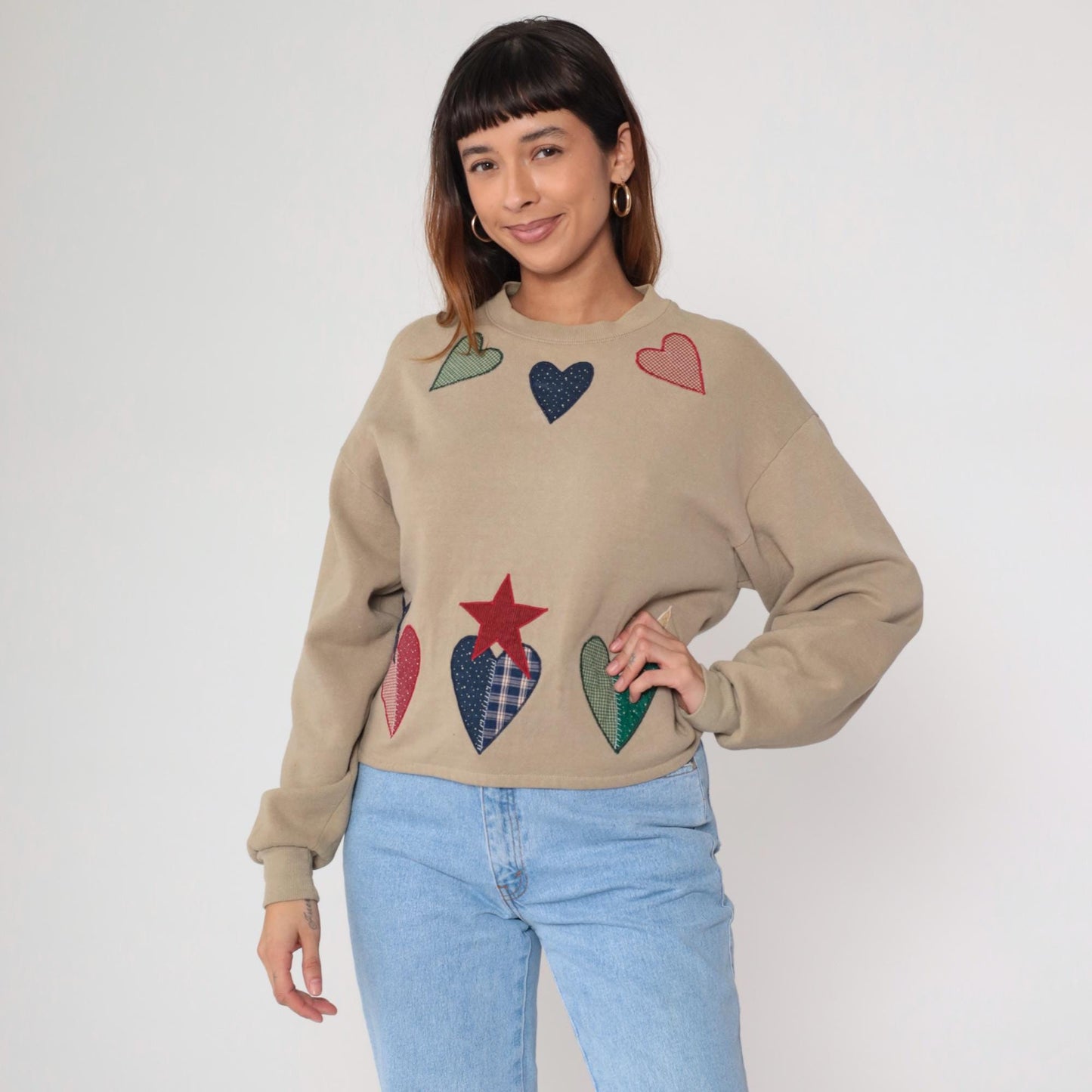 90s Patchwork Heart Applique Cropped Sweatshirt Tan Medium M