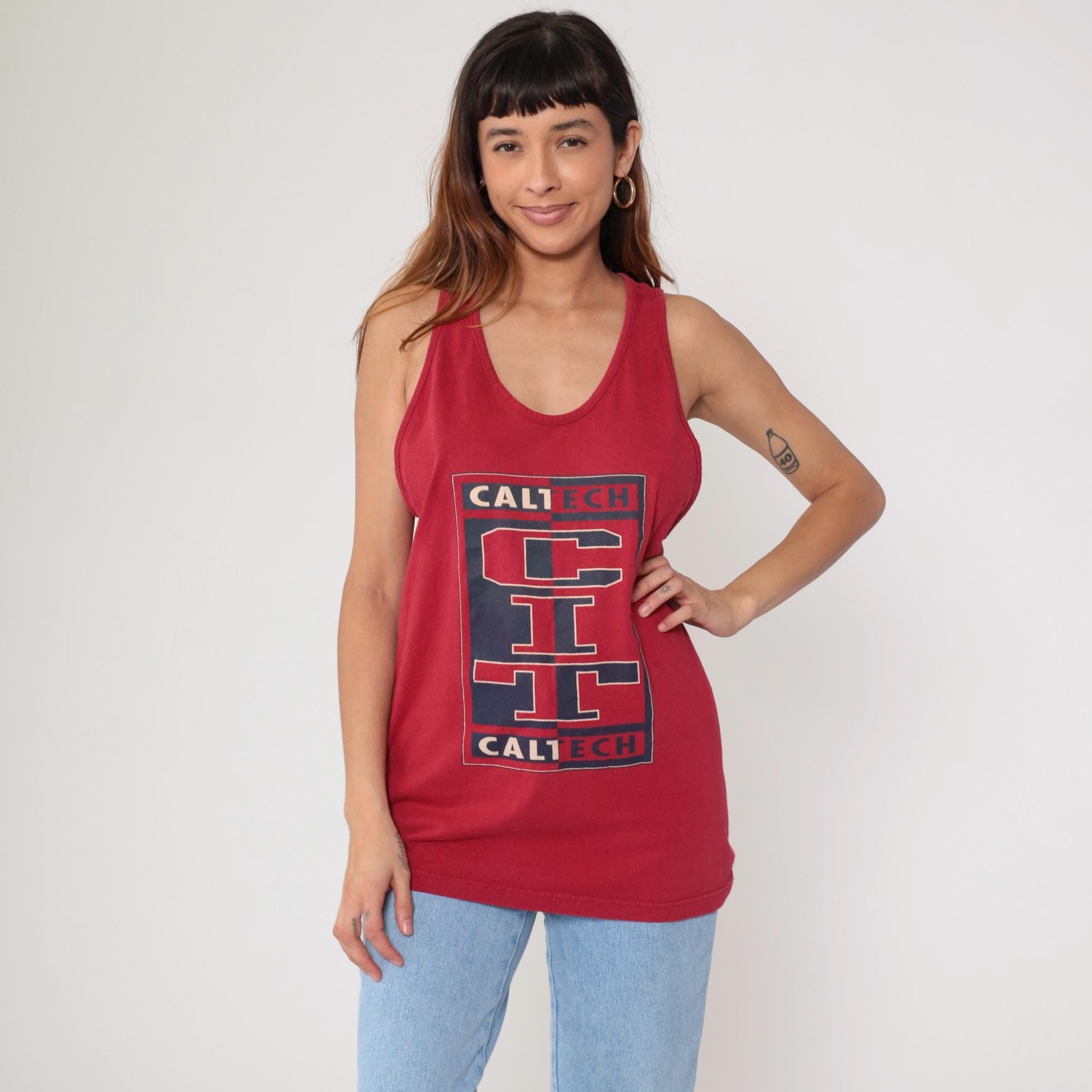 90s Caltech University Tank Top Red Cotton Graphic Racerback Large L