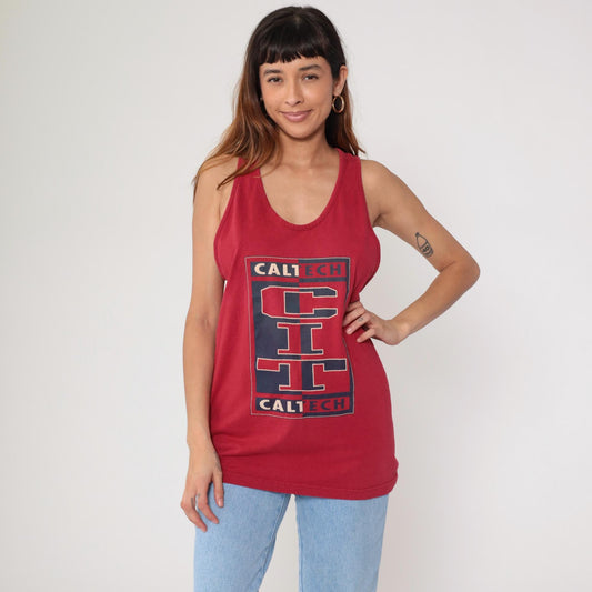 90s Caltech University Tank Top Red Cotton Graphic Racerback Large L