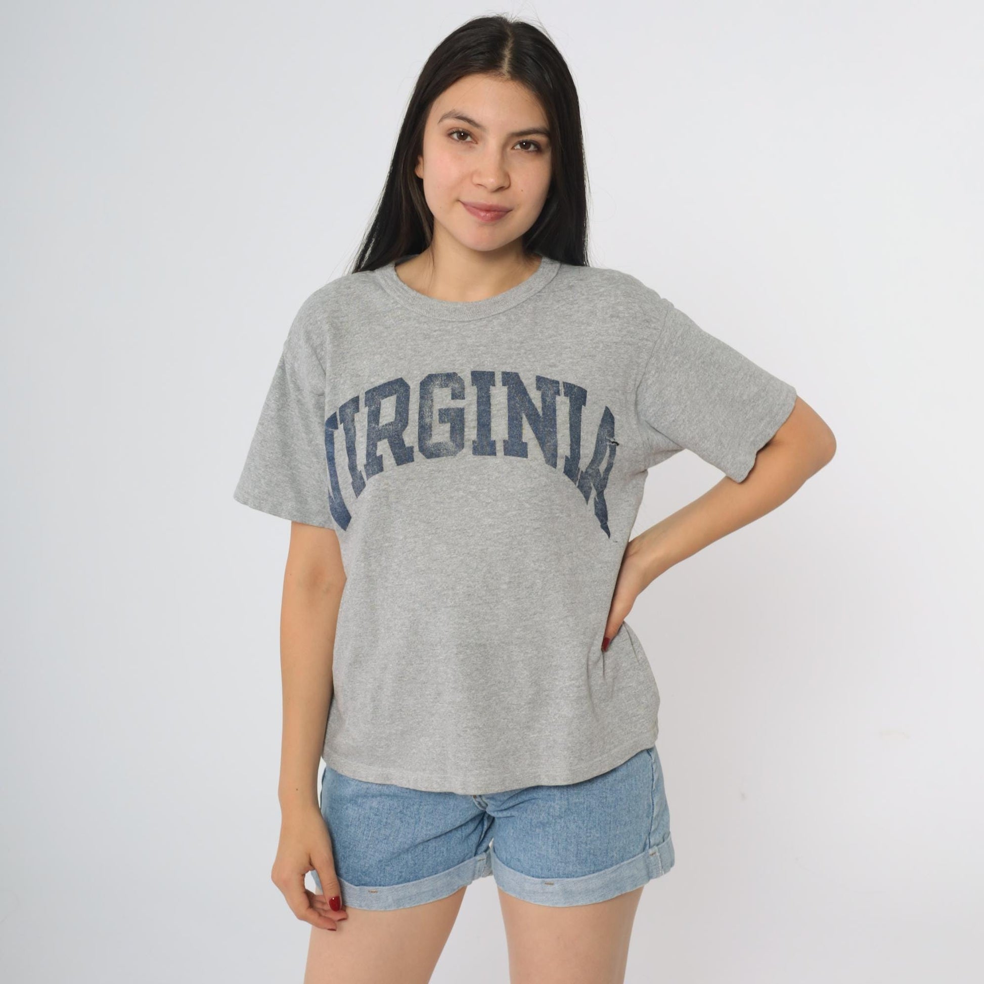 90s Champion Virginia State Graphic T-Shirt Heather Grey Navy Medium