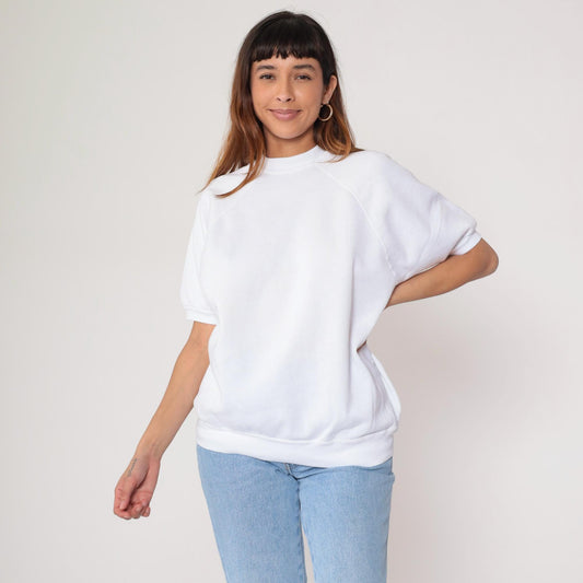 80s White Short Sleeve Sweatshirt Raglan Crewneck Large L