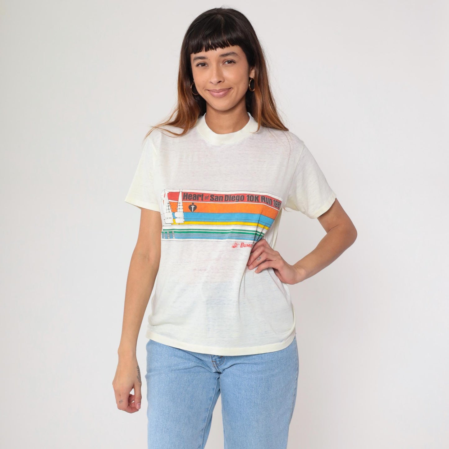 80s San Diego 10K Run Yellow Rainbow Stripe Graphic Tee Large L