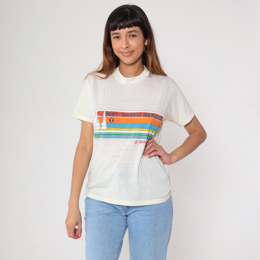 80s San Diego 10K Run Yellow Rainbow Stripe Graphic Tee Large L