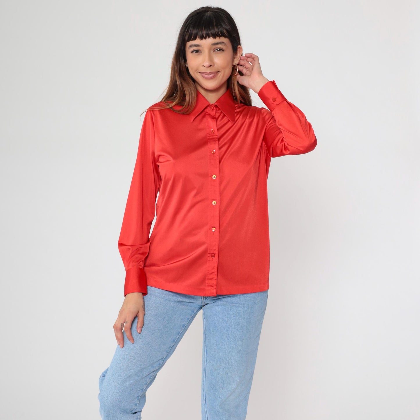 70s Coral Red Polyester Satin Button Up Blouse Pointed Collar Long Sleeve Medium M