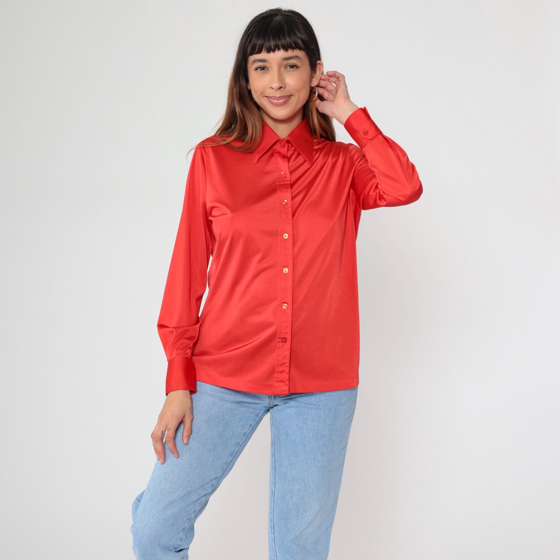 70s Coral Red Polyester Satin Button Up Blouse Pointed Collar Long Sleeve Medium M