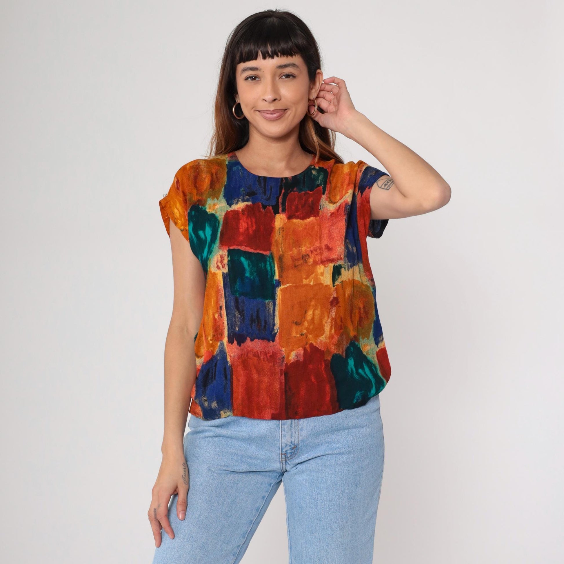 90s Watercolor Abstract Blouse Multicolor Brushstroke Rayon Short Sleeve Small S