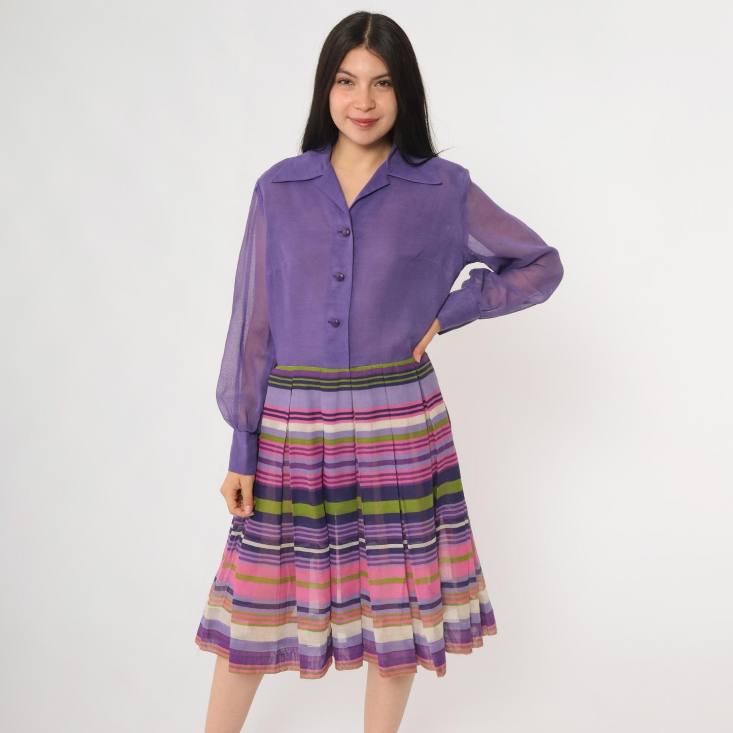 60s Rainbow Stripe Chiffon Midi Dress Button Front Long Sleeve Multicolor Large