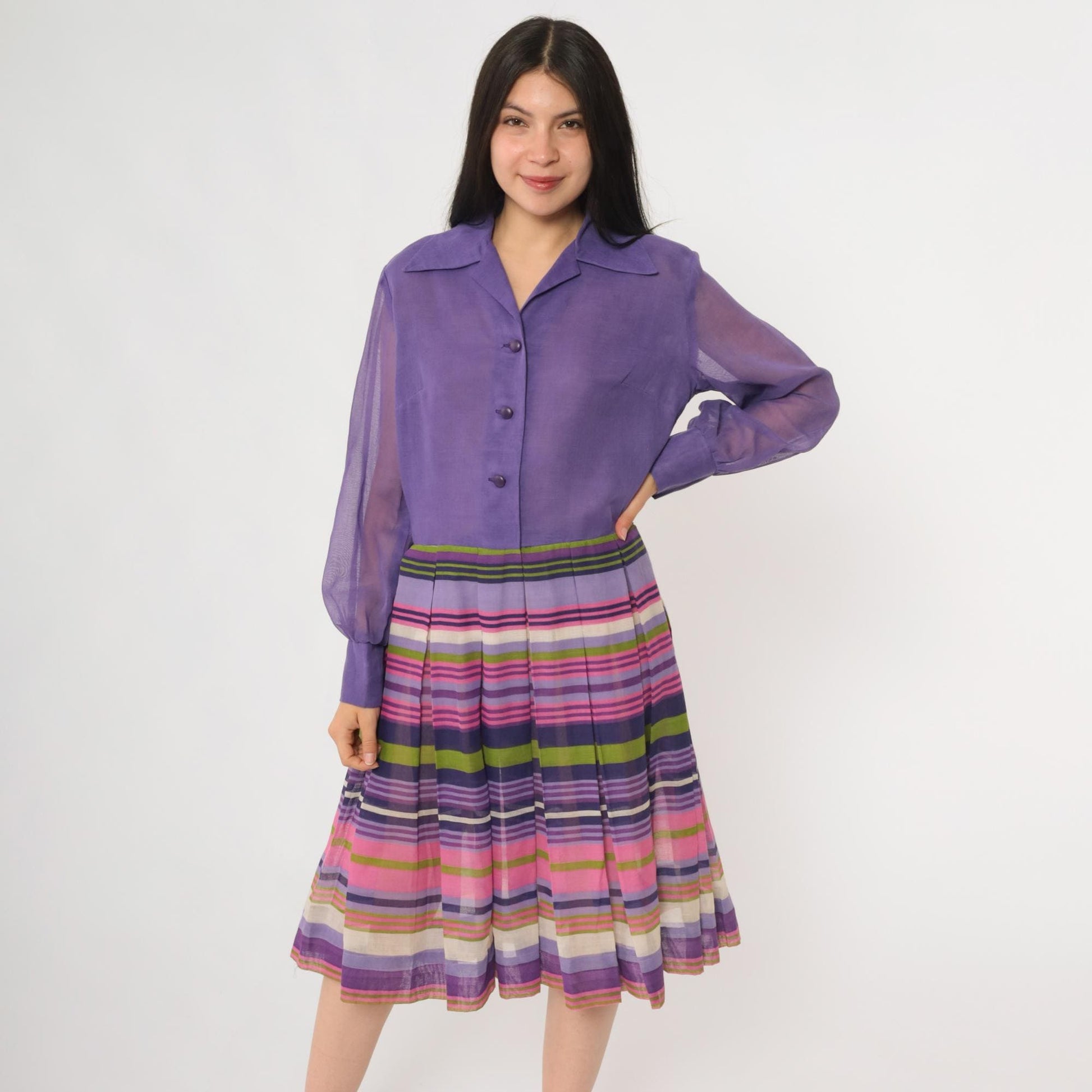 60s Rainbow Stripe Chiffon Midi Dress Button Front Long Sleeve Multicolor Large