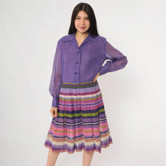 60s Rainbow Stripe Chiffon Midi Dress Button Front Long Sleeve Multicolor Large