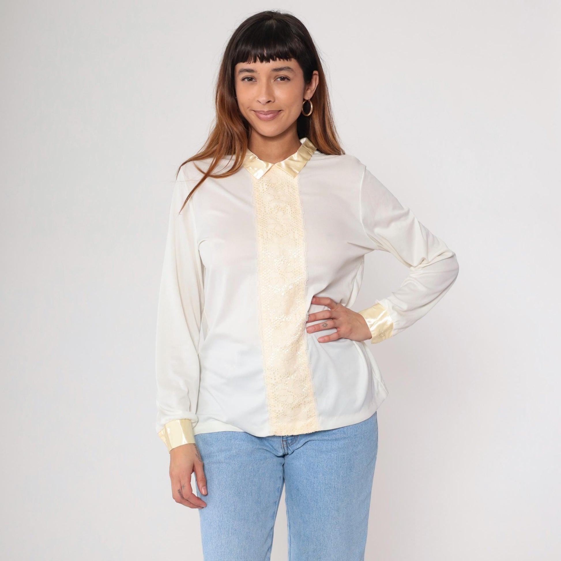 70s White Cream Lace Prairie Blouse Button Up Long Sleeve Medium M