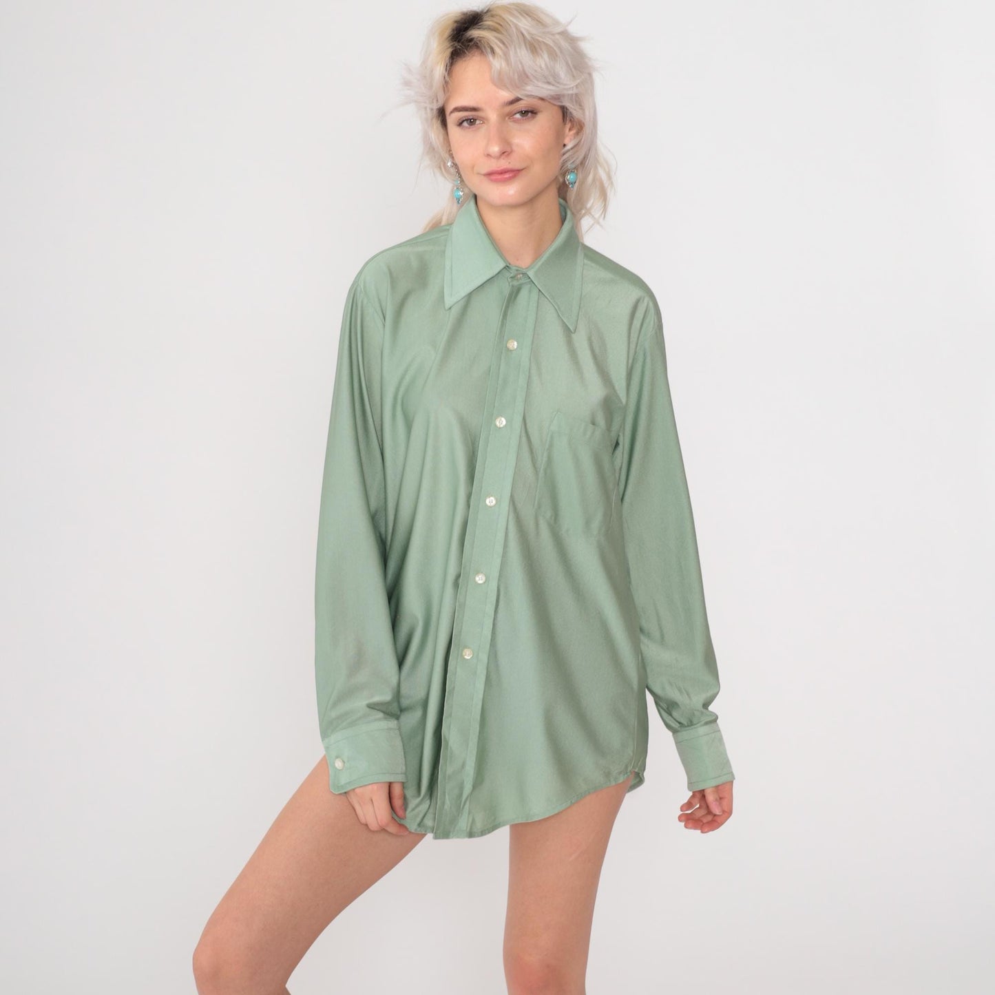 70s Qiana Sage Green Button-Up Shirt Pointed Collar Long Sleeve Large
