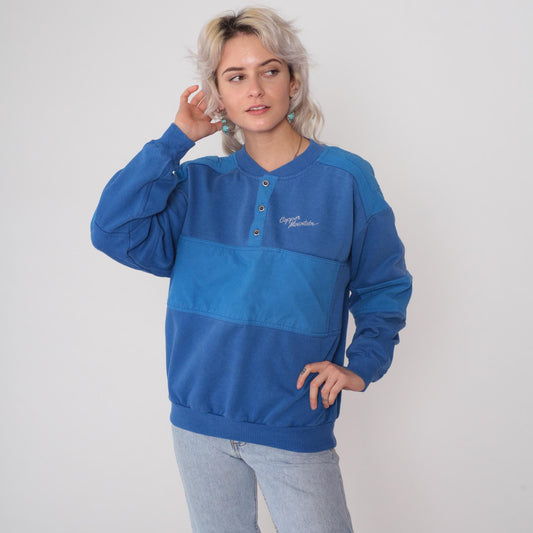 80s Copper Mountain Ski Henley Sweatshirt Blue Color Block Large L
