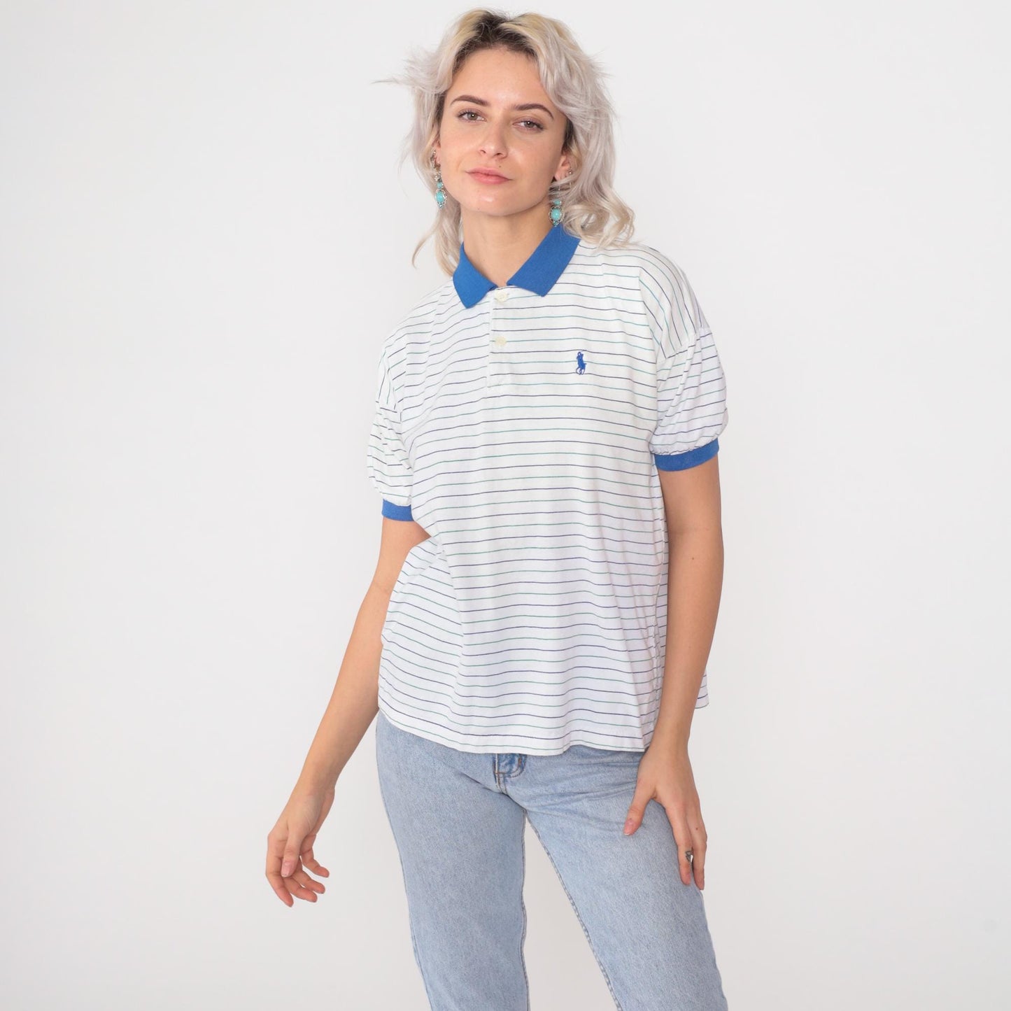 90s Polo Ralph Lauren Striped Polo Shirt White Blue Short Sleeve Extra Small