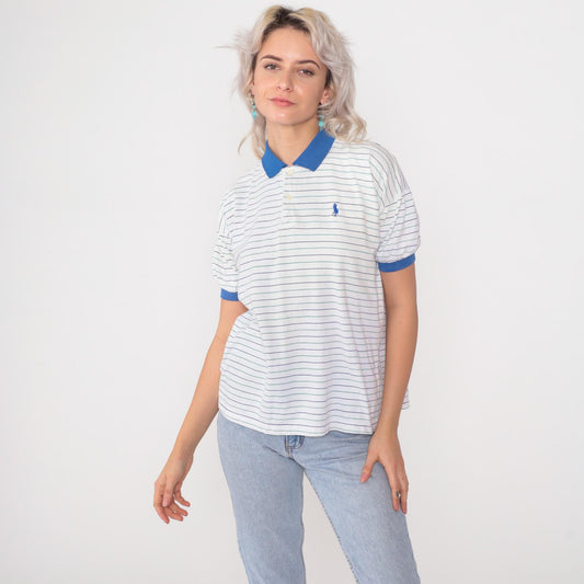 90s Polo Ralph Lauren Striped Polo Shirt White Blue Short Sleeve Extra Small