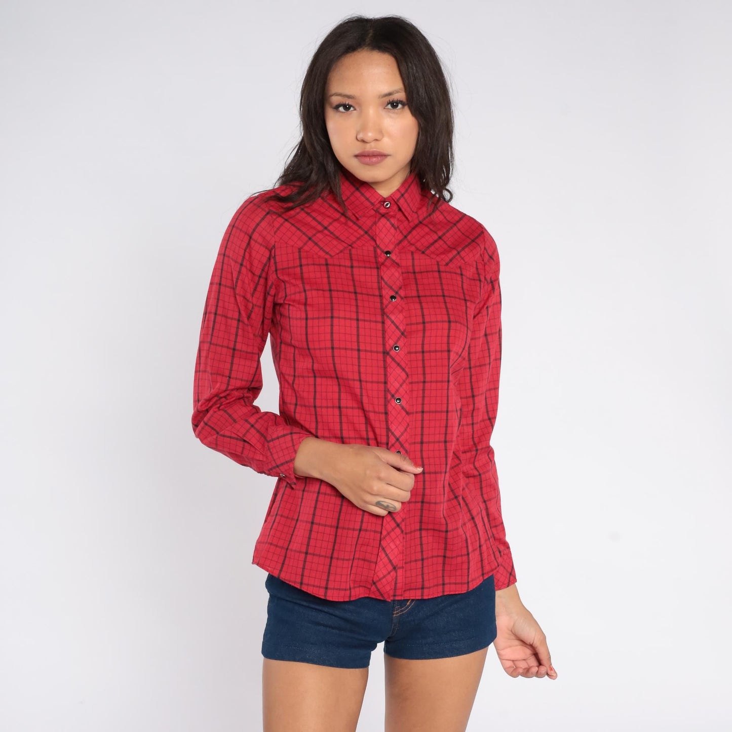 80s Cameo Rose Red Black Plaid Pearl Snap Western Shirt Small
