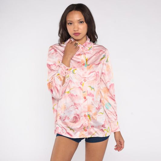 70s Pink Blouse Palm Tree Bird Watercolor Print Long Sleeve Medium