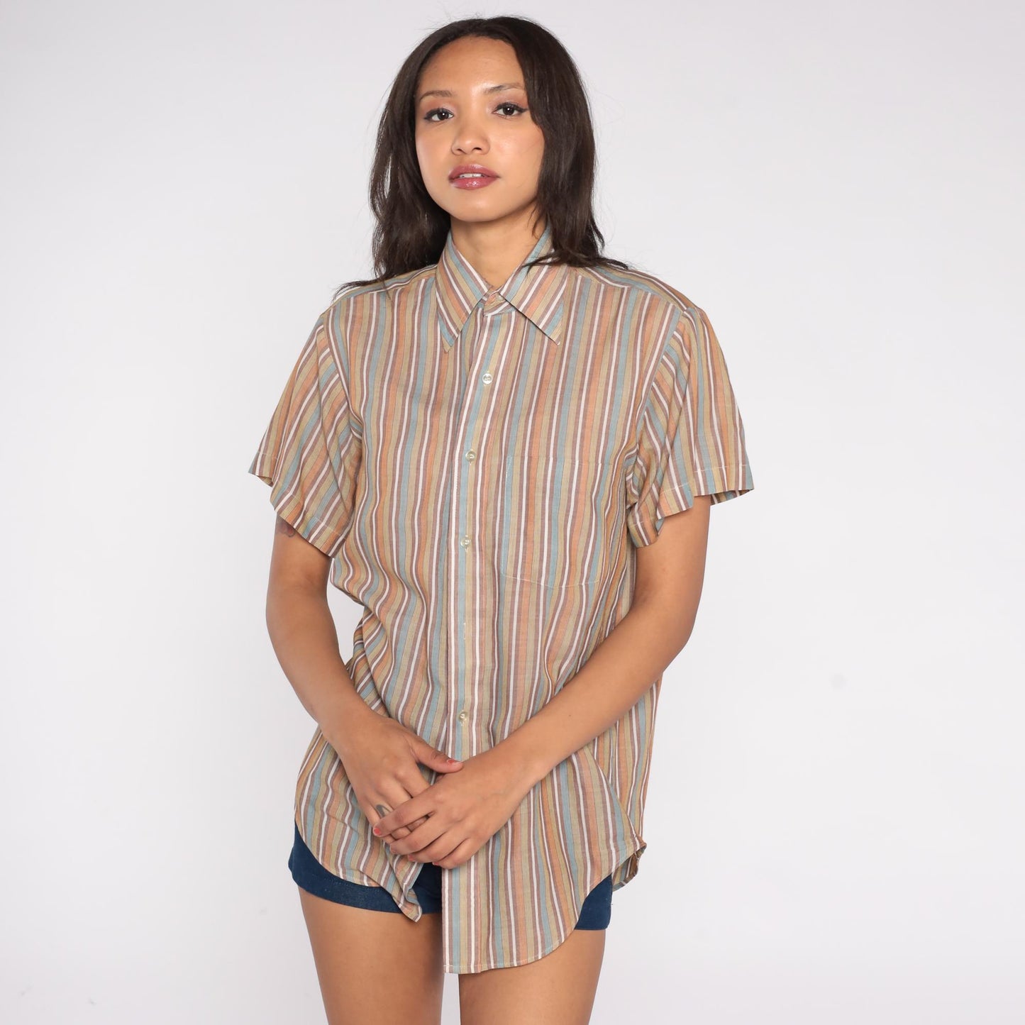 80s Exclusive Multicolor Striped Button-Down Shirt Tan Blue Peach Medium