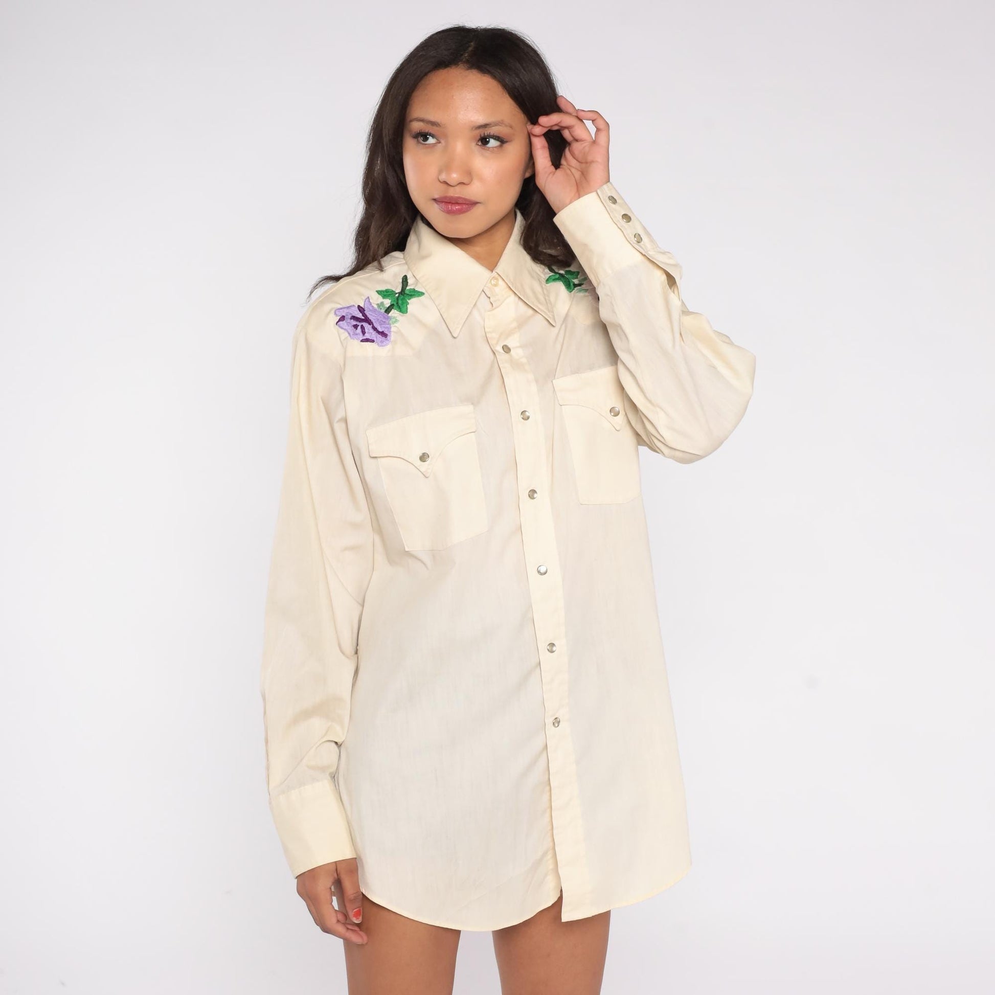 70s Lee Western Shirt Cream Floral Embroidered Pearl Snap Unisex Large