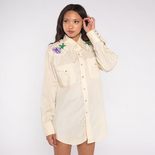 70s Lee Western Shirt Cream Floral Embroidered Pearl Snap Unisex Large