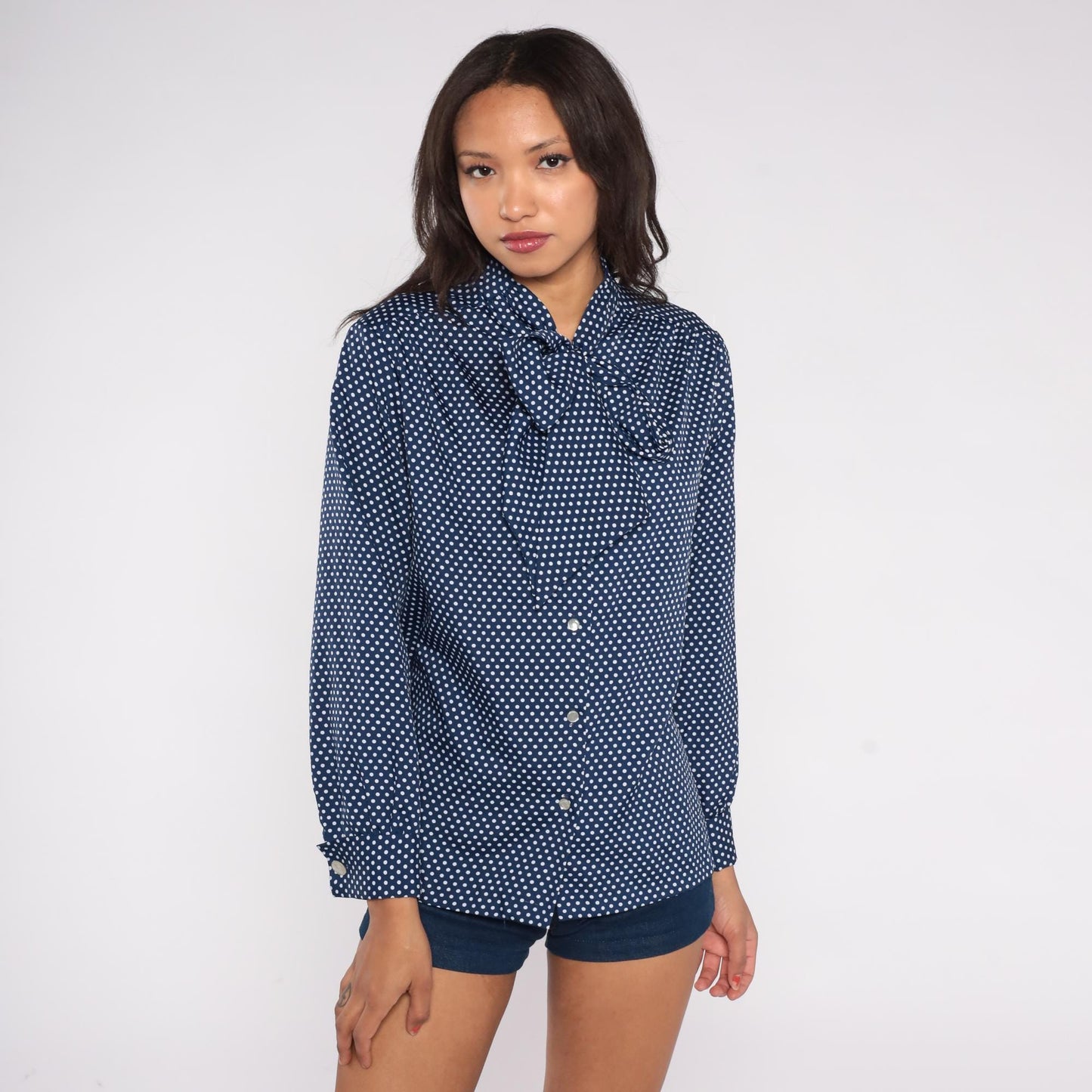80s Navy Polka Dot Button-Down Blouse White Dots Pussy Bow Medium M