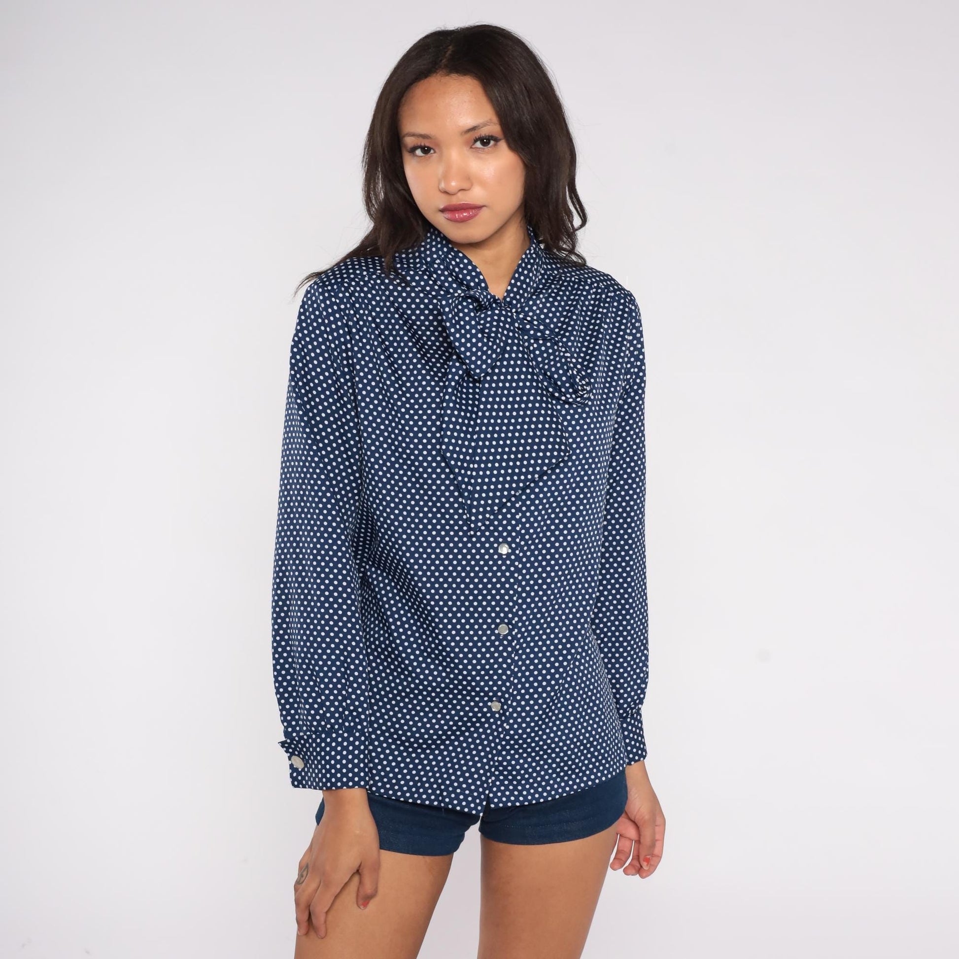 80s Navy Polka Dot Button-Down Blouse White Dots Pussy Bow Medium M
